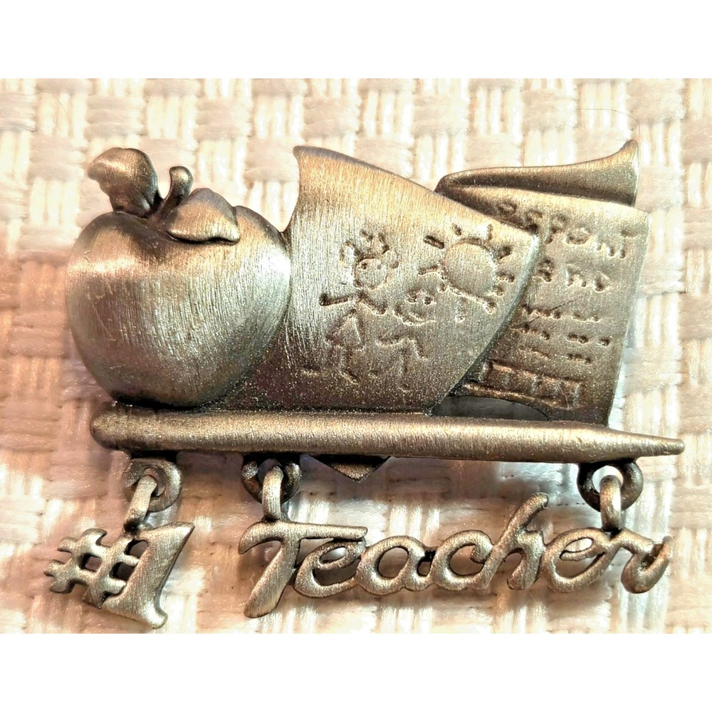 Vintage AJC Pewter #1 Teacher Pin Brooch Apple Open Book Dangling Charms Silver
